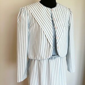 Vintage 2-Piece Blue & White Striped Dress Set (Jacket + Dress) – Size M
